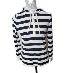 Lauren Ralph Lauren Cotton Hoodie White Black Striped Snaps Pullover Women's PM